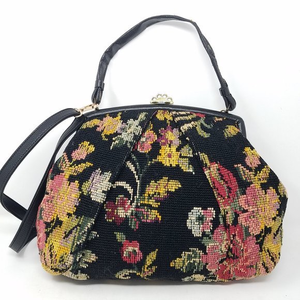 JR USA bag‎ black floral tapestry handbag with shoulder strap VTG